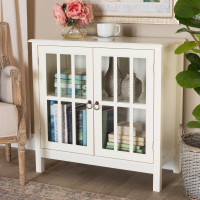 Baxton Studio SR1801379-White-Cabinet Kendall Classic and Traditional White Finished Wood and Glass Kitchen Storage Cabinet